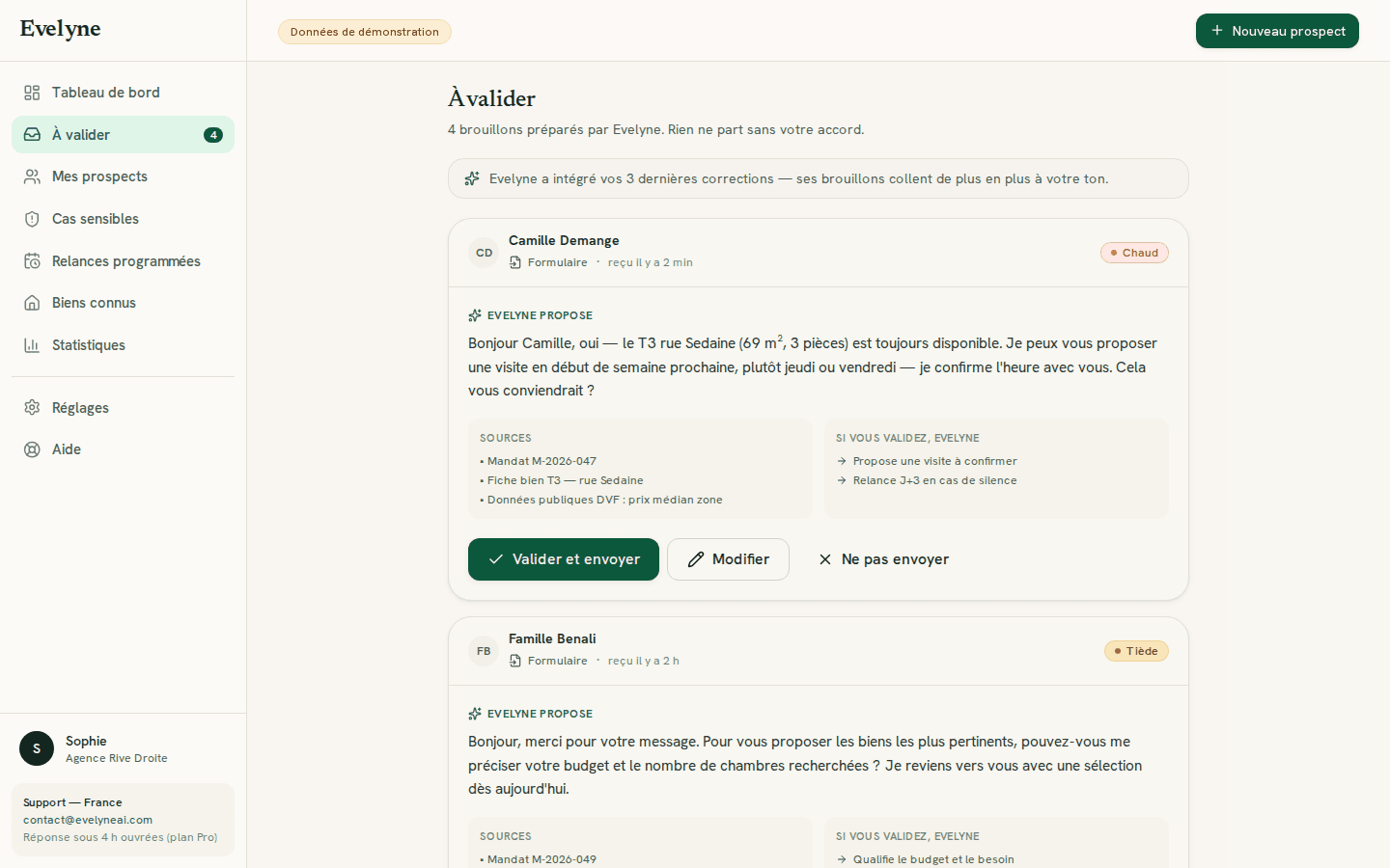 Boîte de validation Evelyne : brouillon, sources et actions